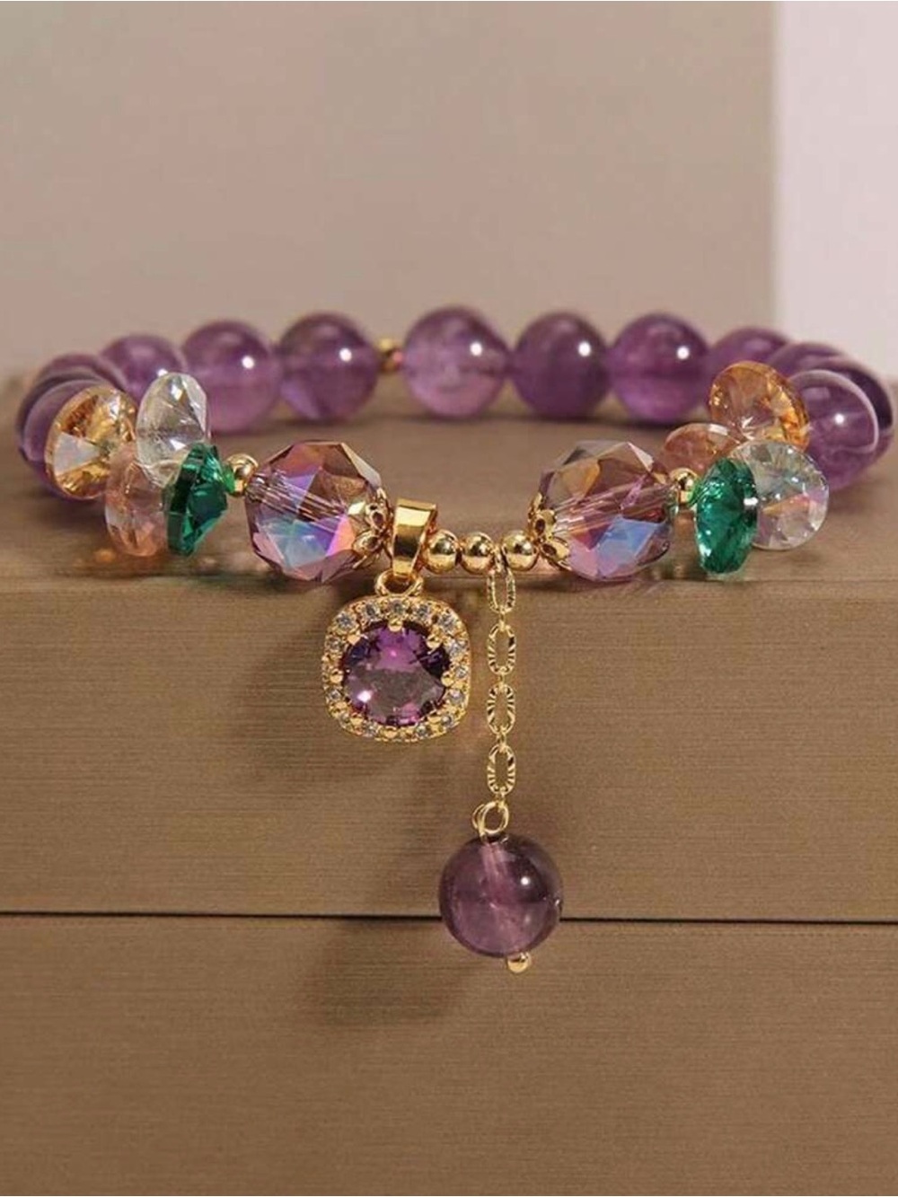 Purple Bead Charm Bracelet with Multi-Color Crystal Accents